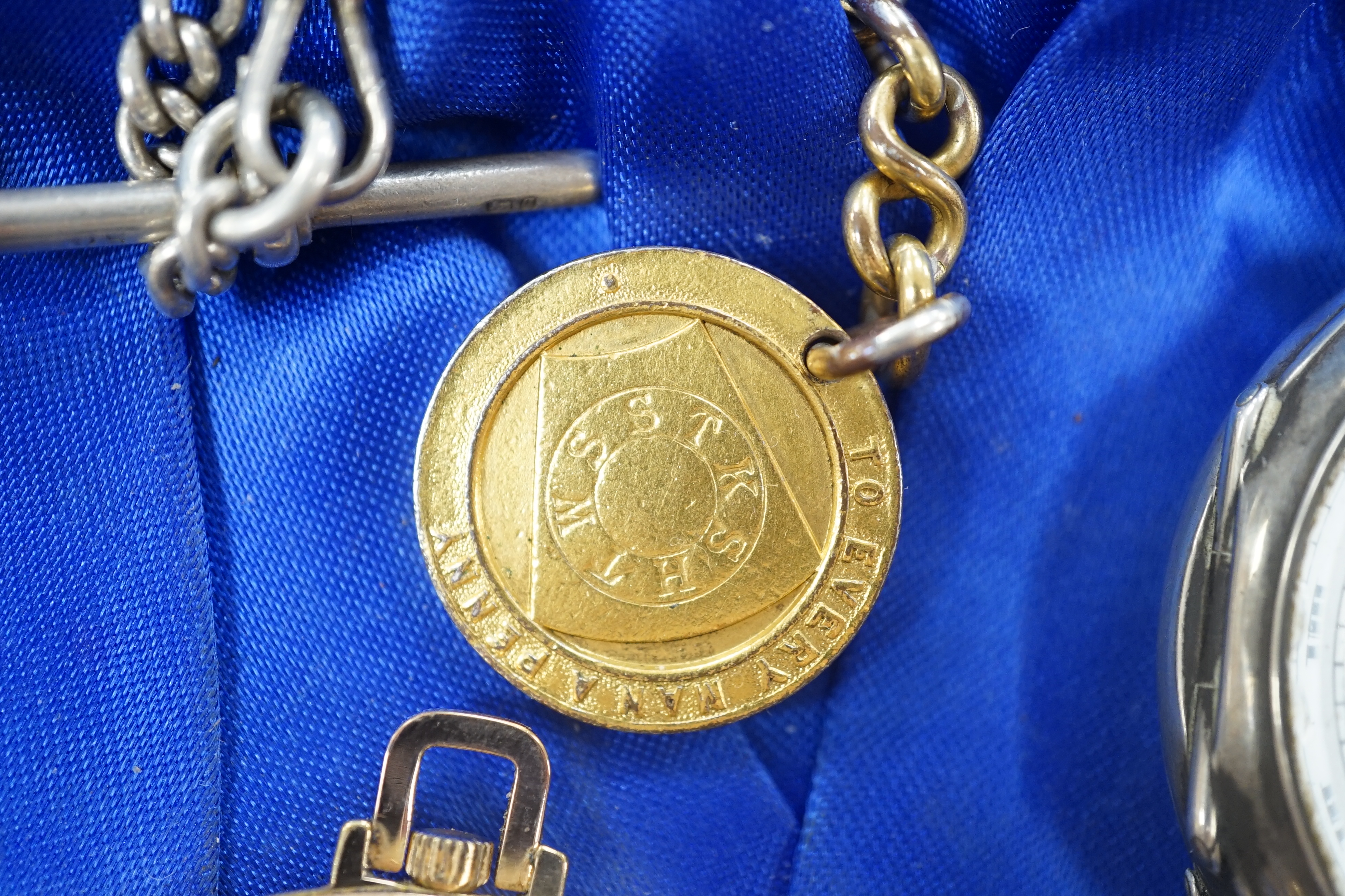 Two silver albert chains, including graduated link and silver gilt(worn), largest 40cm, together with eight assorted pocket or fob watches including silver, white metal and gold plated.